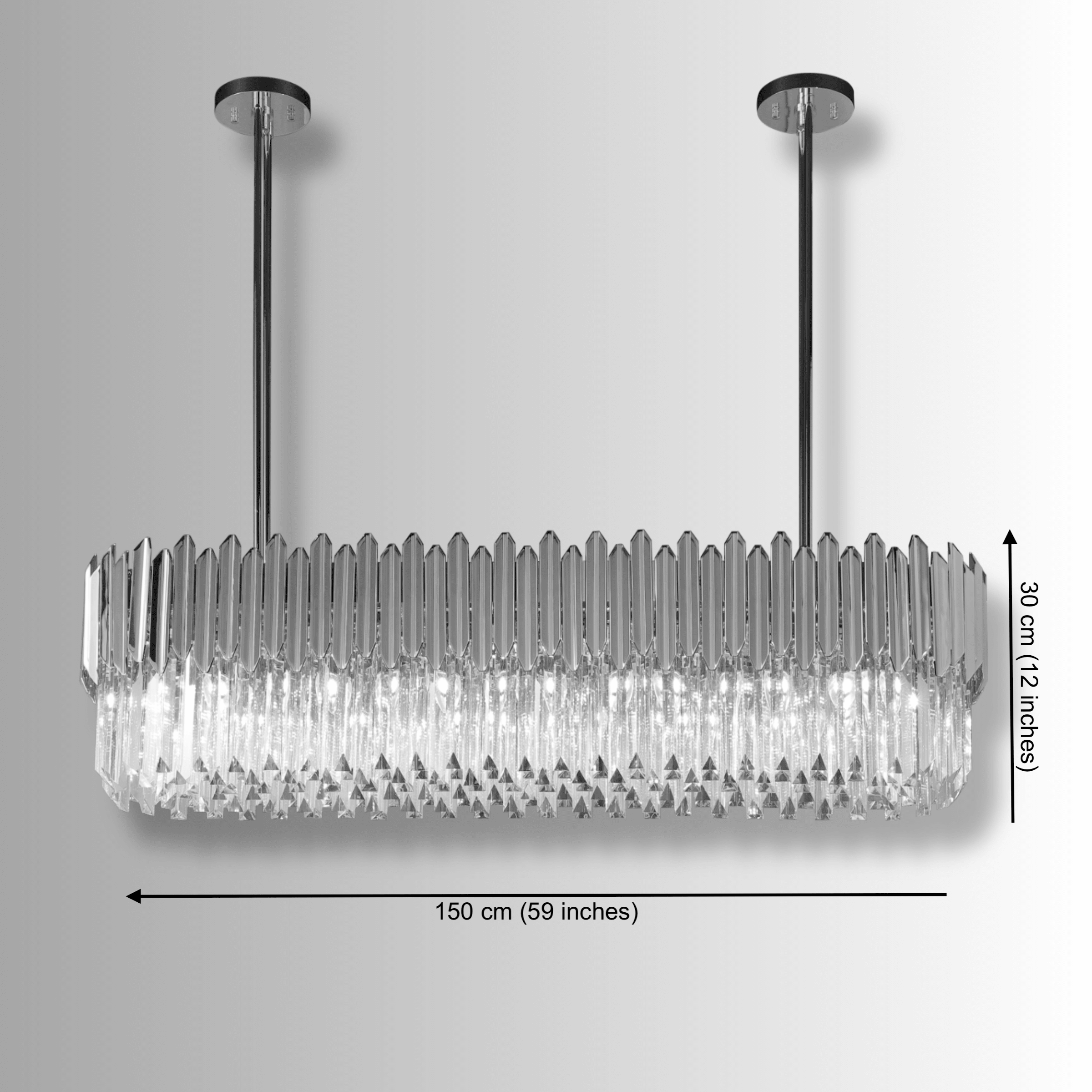 Linear crystal chandelier showing 150 cm(59") length and 30 cm(12") height for dining tables and kitchen islands.