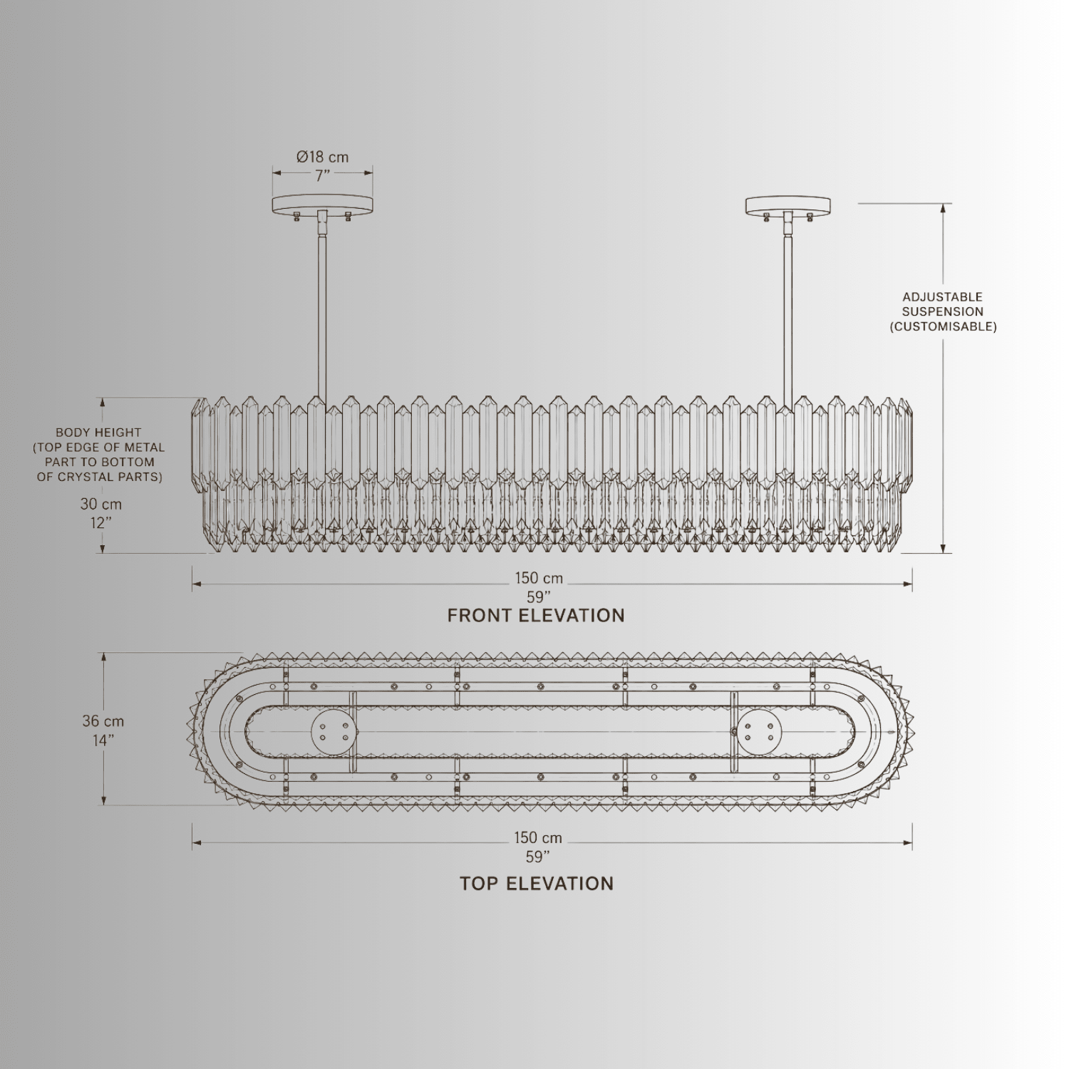 Technical CAD front and top view drawing of Zarrin Valeris Chandelier by HDLS Lighting
