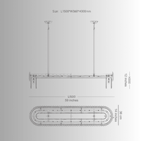 Technical drawing of linear chandelier showing suspension points and dimensions for large dining tables.