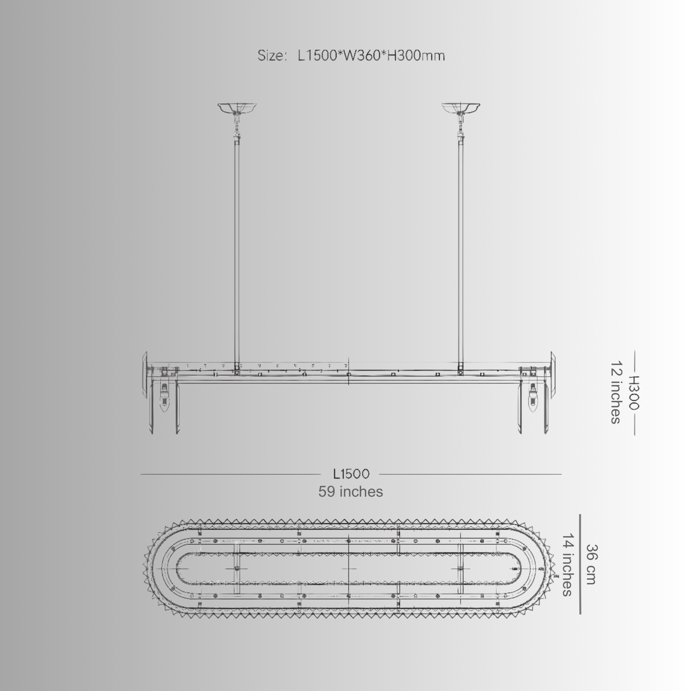 Technical drawing of linear chandelier showing suspension points and dimensions for large dining tables.
