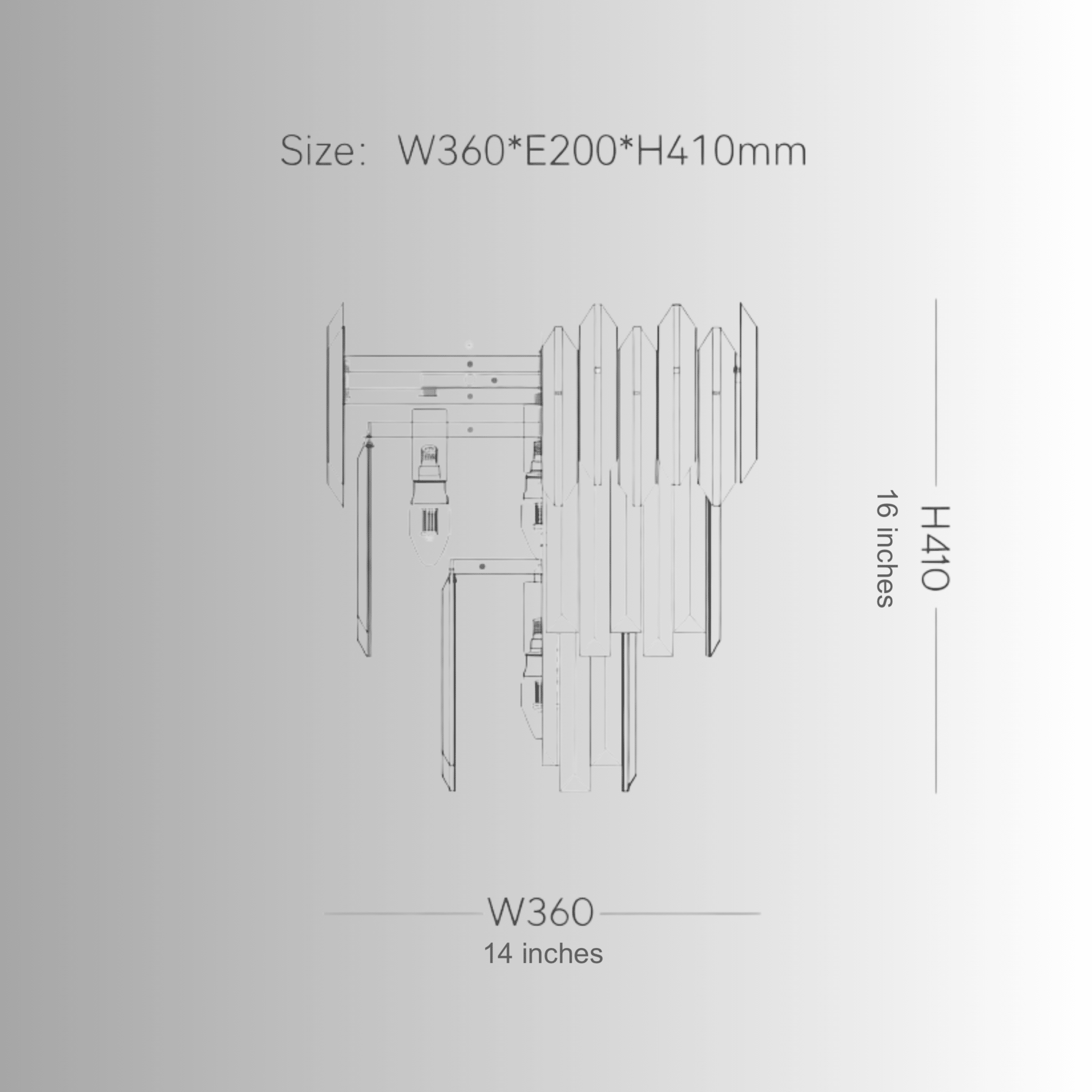 Technical drawing showing 36 cm width, 41 cm height, and 18 cm projection for luxury crystal wall light