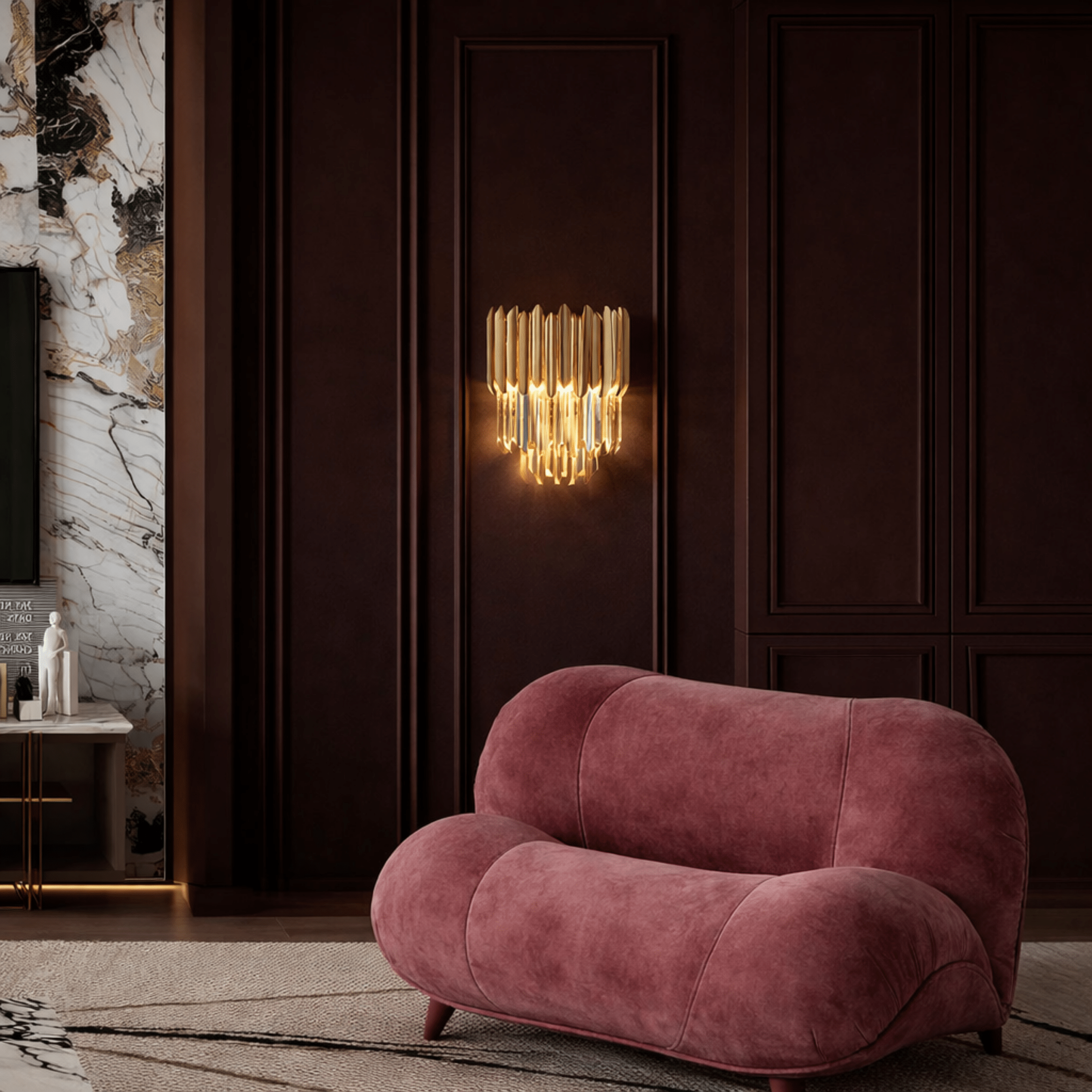 Luxury crystal wall light installed in refined living room with dark panel walls and soft ambient illumination