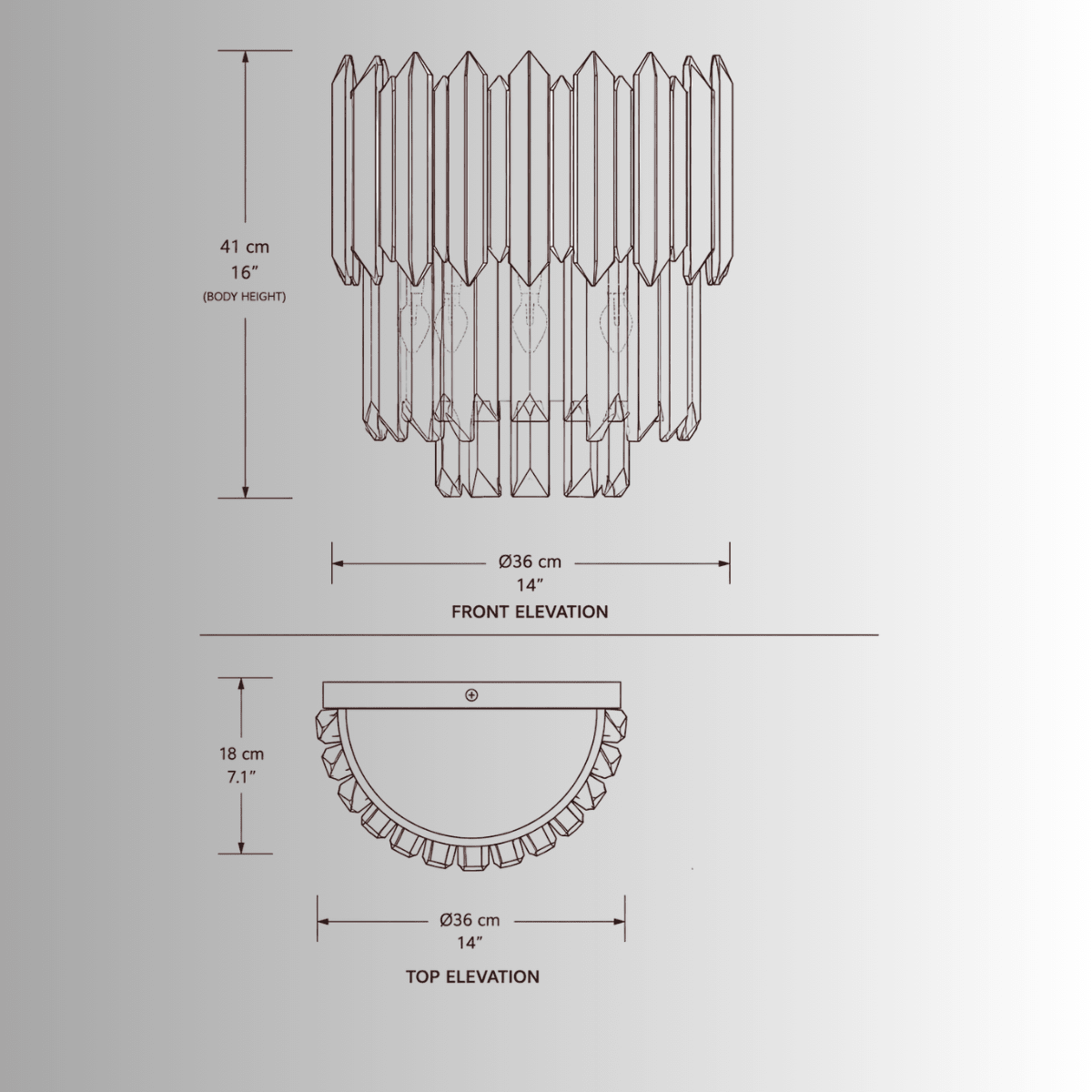 CAD dTechnical drawing showing 36 cm width, 41 cm height, and 18 cm projection for luxury crystal wall light