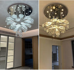floral glass chandelier, left side with cool white , right picture with warm white.