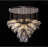 Luxurious floral crystal chandelier with premium stainless steel and glass design, with brushed chrome base and LED lights on