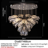 floral glass chandelier with stainless steel and glass design, base diameter of 80cm and details about the fixture's size.